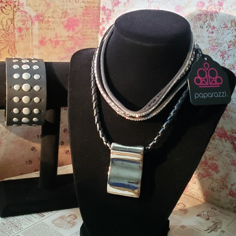 Black Leather Bracelet, 2 Necklaces, Chunky Rocker